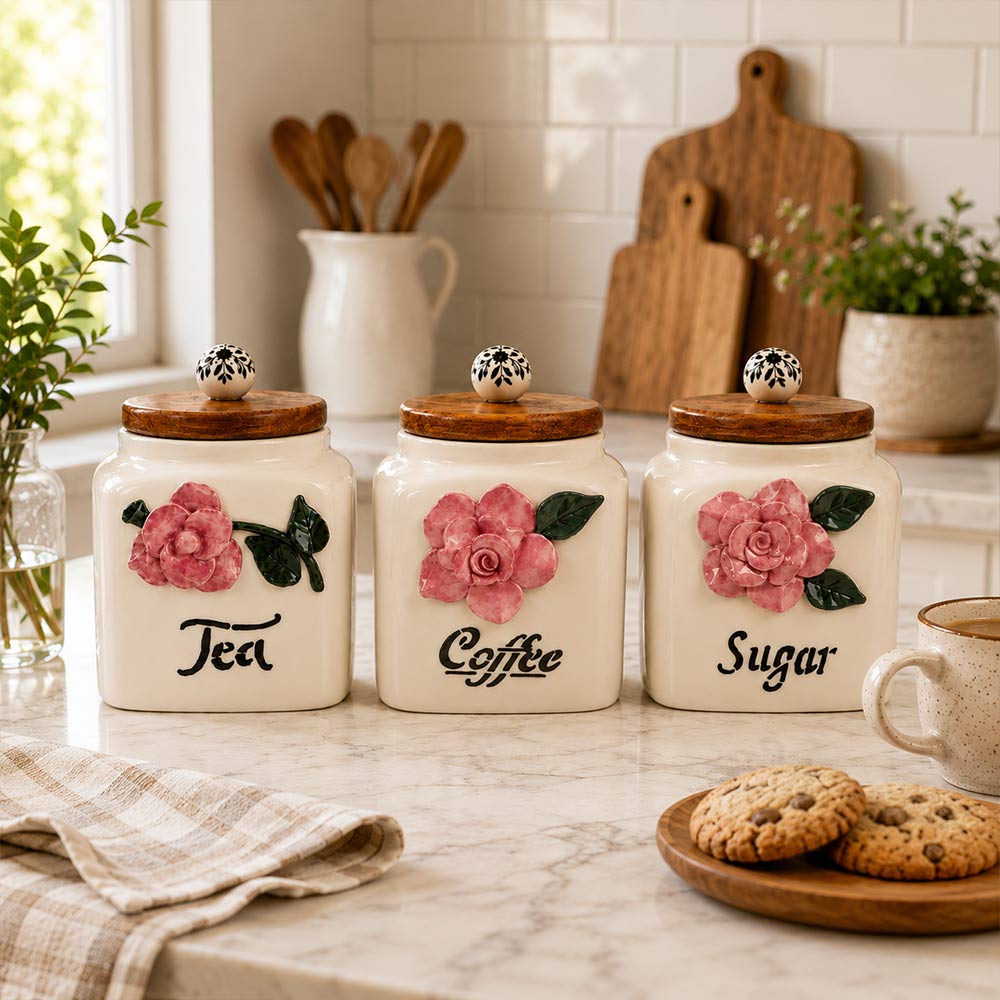 Vintage Floral Ceramic Kitchen Canister Set of 3