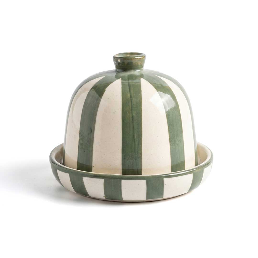 Hand-Painted Green Striped Ceramic Butter Pot and Keeper
