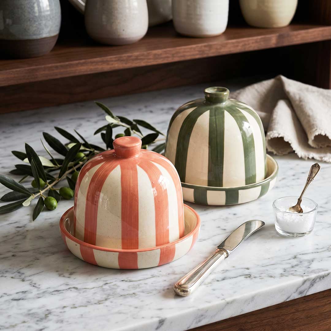 Hand-Painted Green Striped Ceramic Butter Pot and Keeper