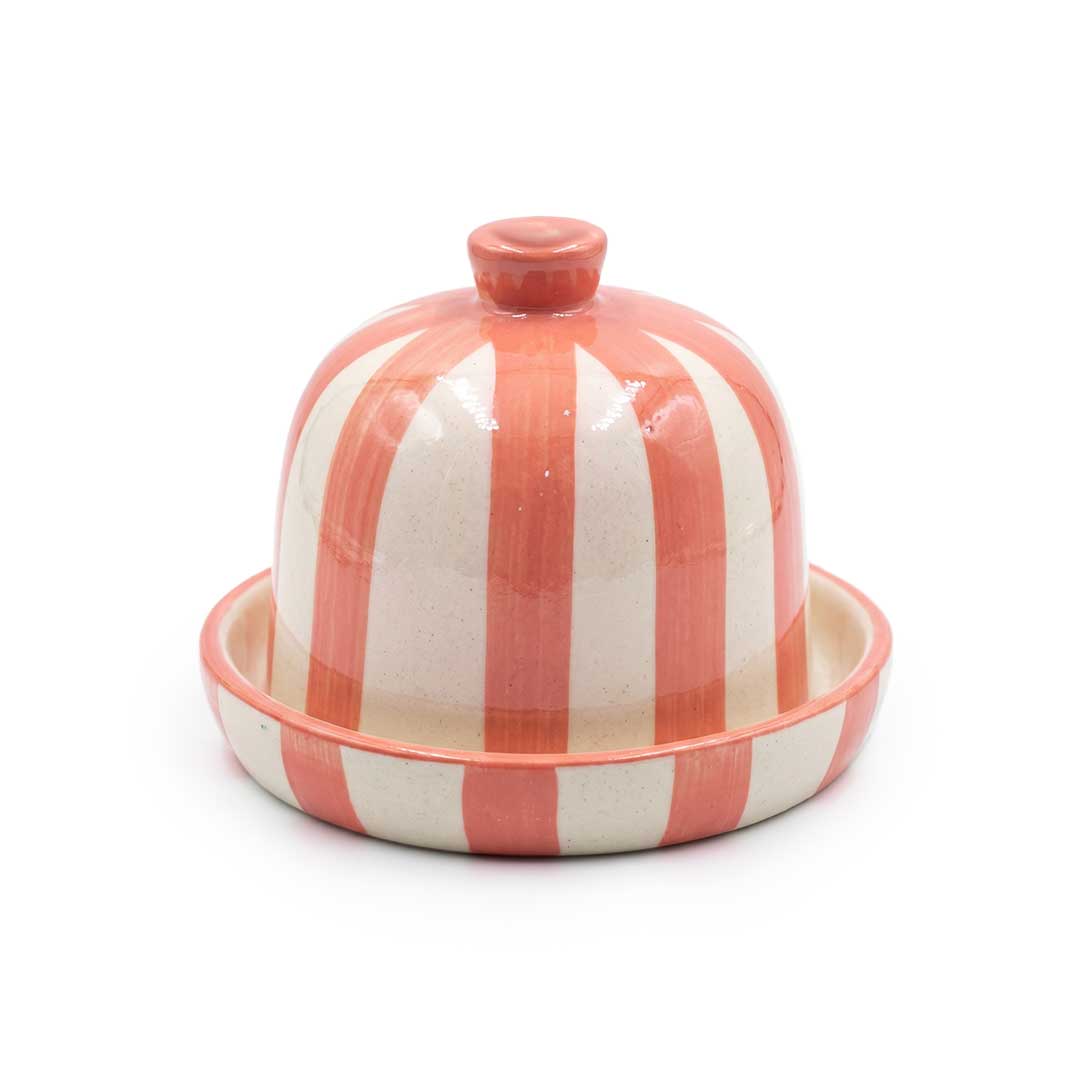 Hand-Painted Green Striped Ceramic Butter Pot and Keeper