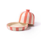 Hand-Painted Green Striped Ceramic Butter Pot and Keeper