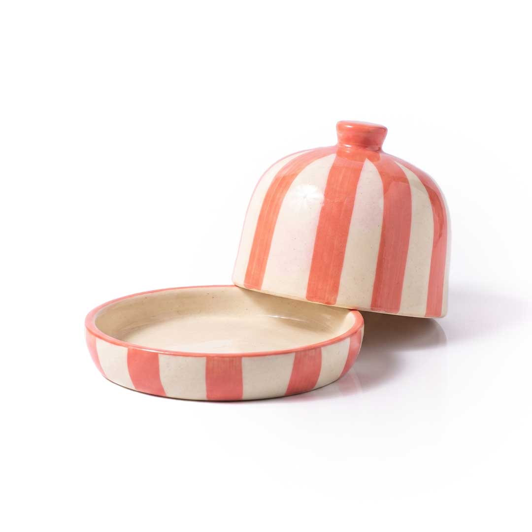 Hand-Painted Green Striped Ceramic Butter Pot and Keeper