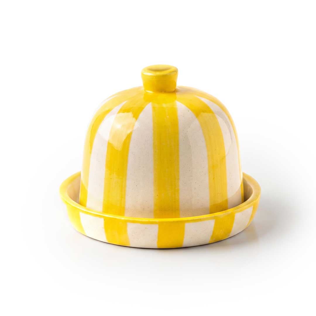 Hand-Painted Green Striped Ceramic Butter Pot and Keeper