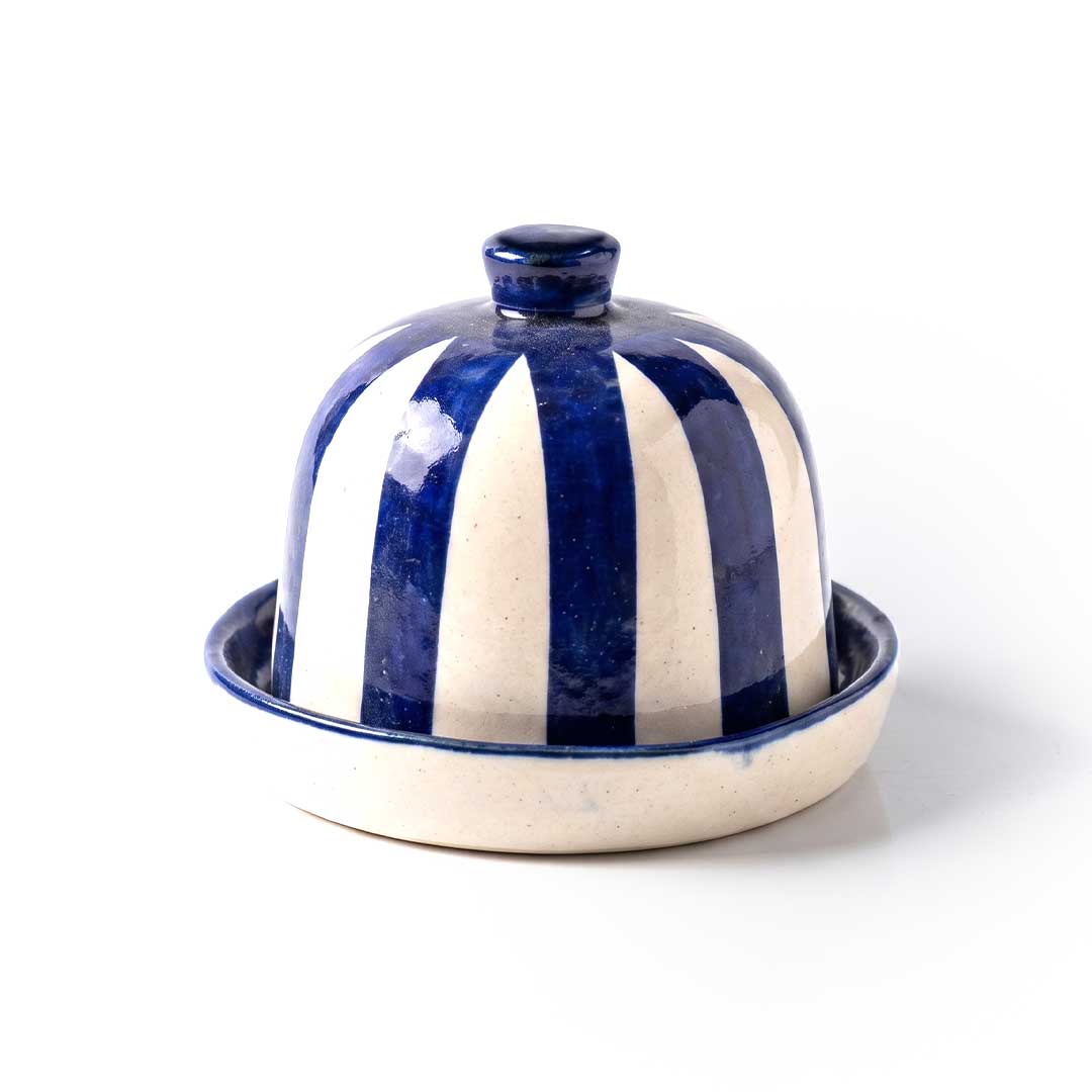 Hand-Painted Green Striped Ceramic Butter Pot and Keeper