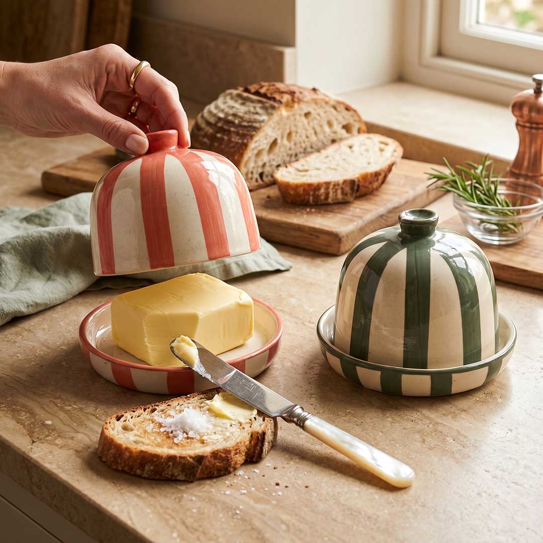 Hand-Painted Green Striped Ceramic Butter Pot and Keeper