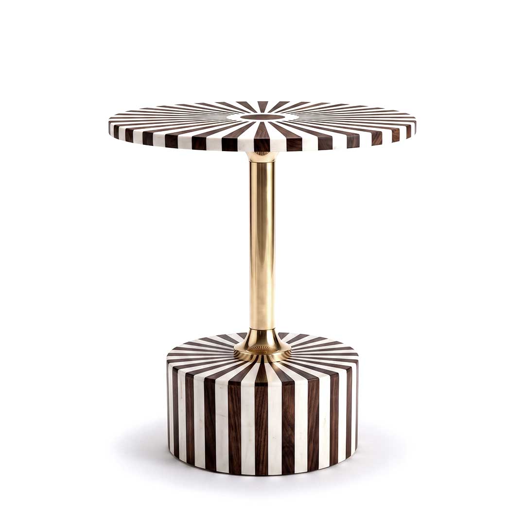 Linear Inlay Sunburst Side Table with Brass Pedestal
