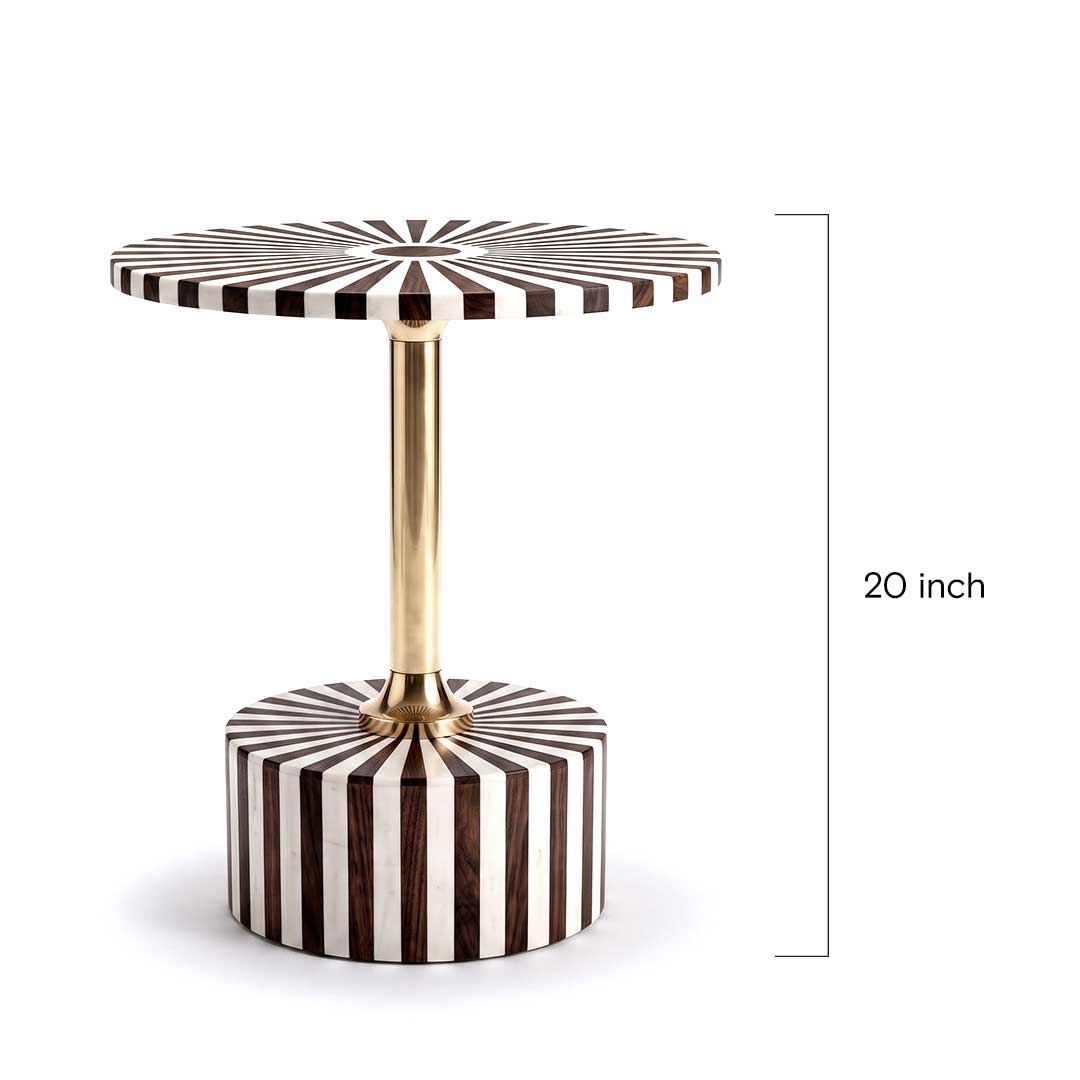 Linear Inlay Sunburst Side Table with Brass Pedestal