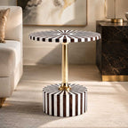 Linear Inlay Sunburst Side Table with Brass Pedestal