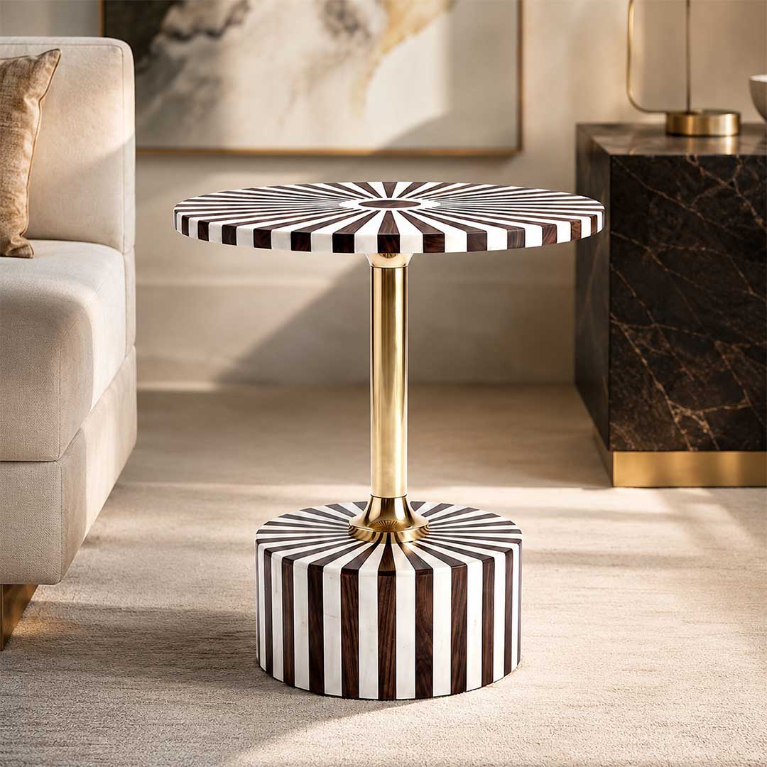 Linear Inlay Sunburst Side Table with Brass Pedestal
