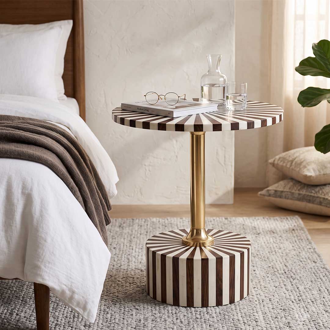 Linear Inlay Sunburst Side Table with Brass Pedestal