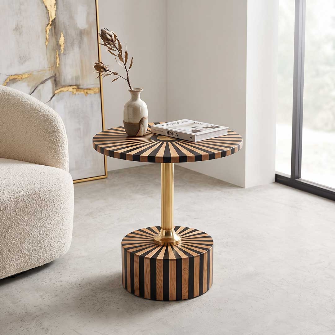 Artisanal Wood and Brass Sunburst Accent Table