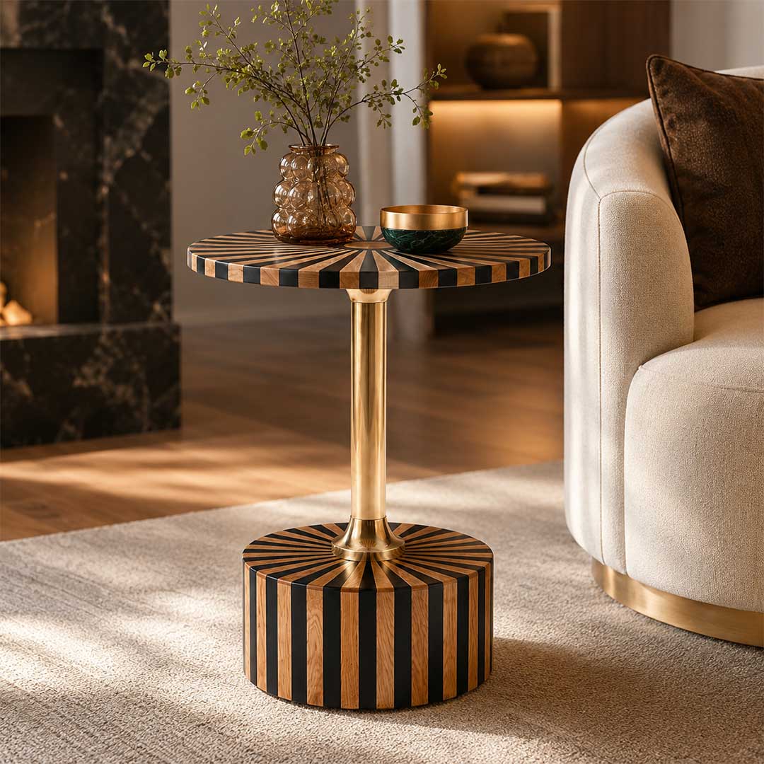 Artisanal Wood and Brass Sunburst Accent Table