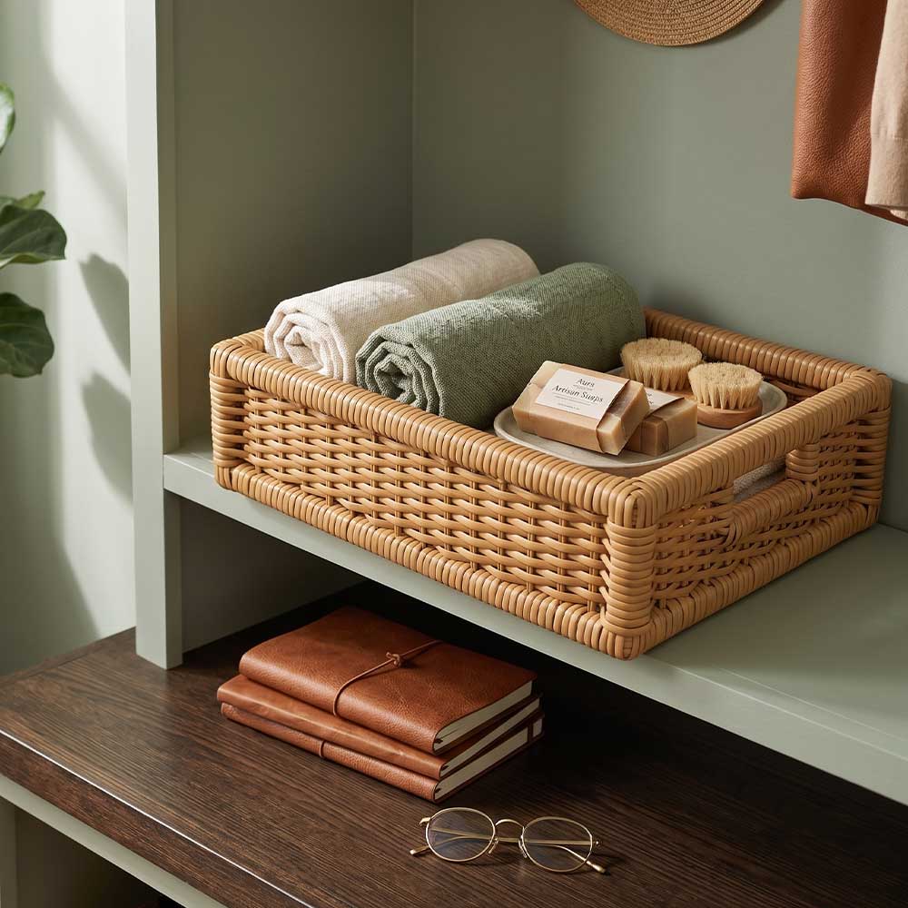 Sugarcane woven basket tray styled on a shelf with folded towels and artisan soaps