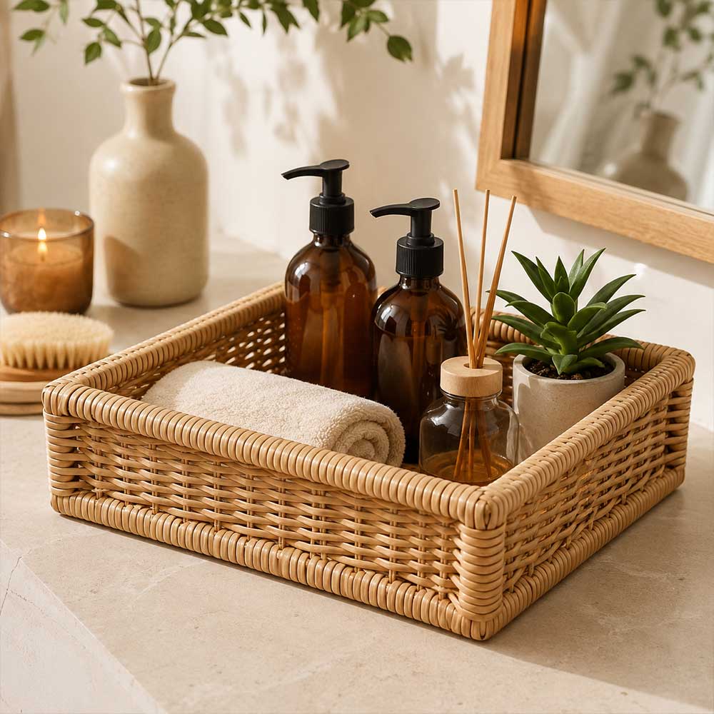 Sugarcane storage tray used as a bathroom countertop vanity organizer with amber bottles