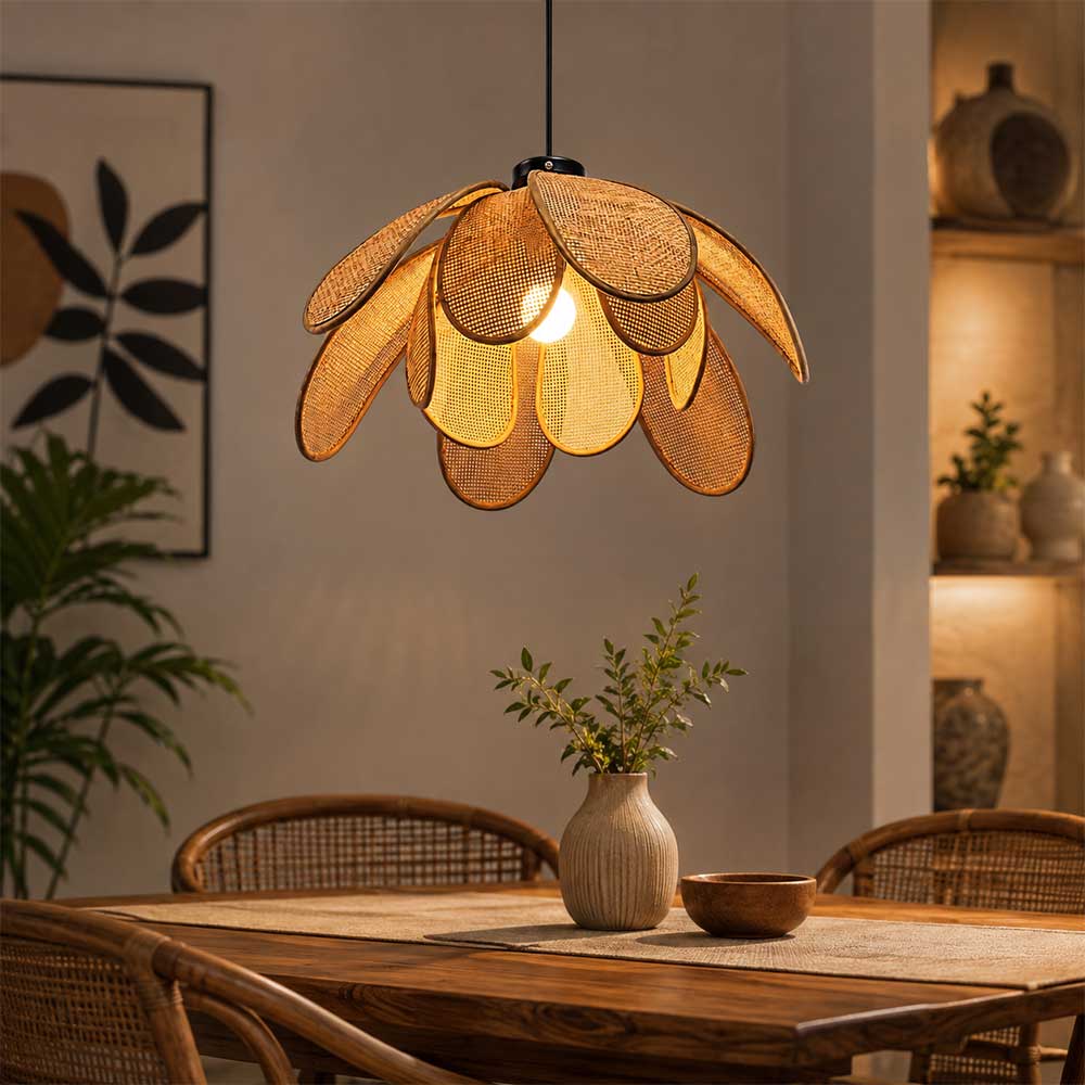 In-use lifestyle view of sugarcane petal pendant light hanging over a warm wooden dining table