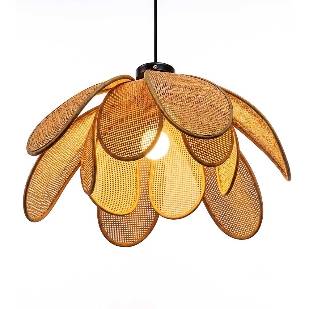 Front view of illuminated 20-inch handwoven sugarcane petal pendant light fixture
