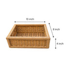 Perspective view of the woven sugarcane tray showing 13x8x4 inch dimensions