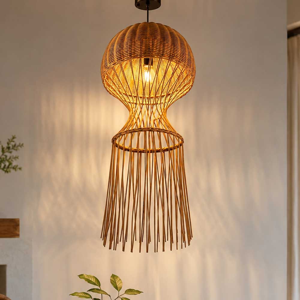 Illuminated sugarcane pendant lamp casting decorative linear shadow patterns onto warm wall