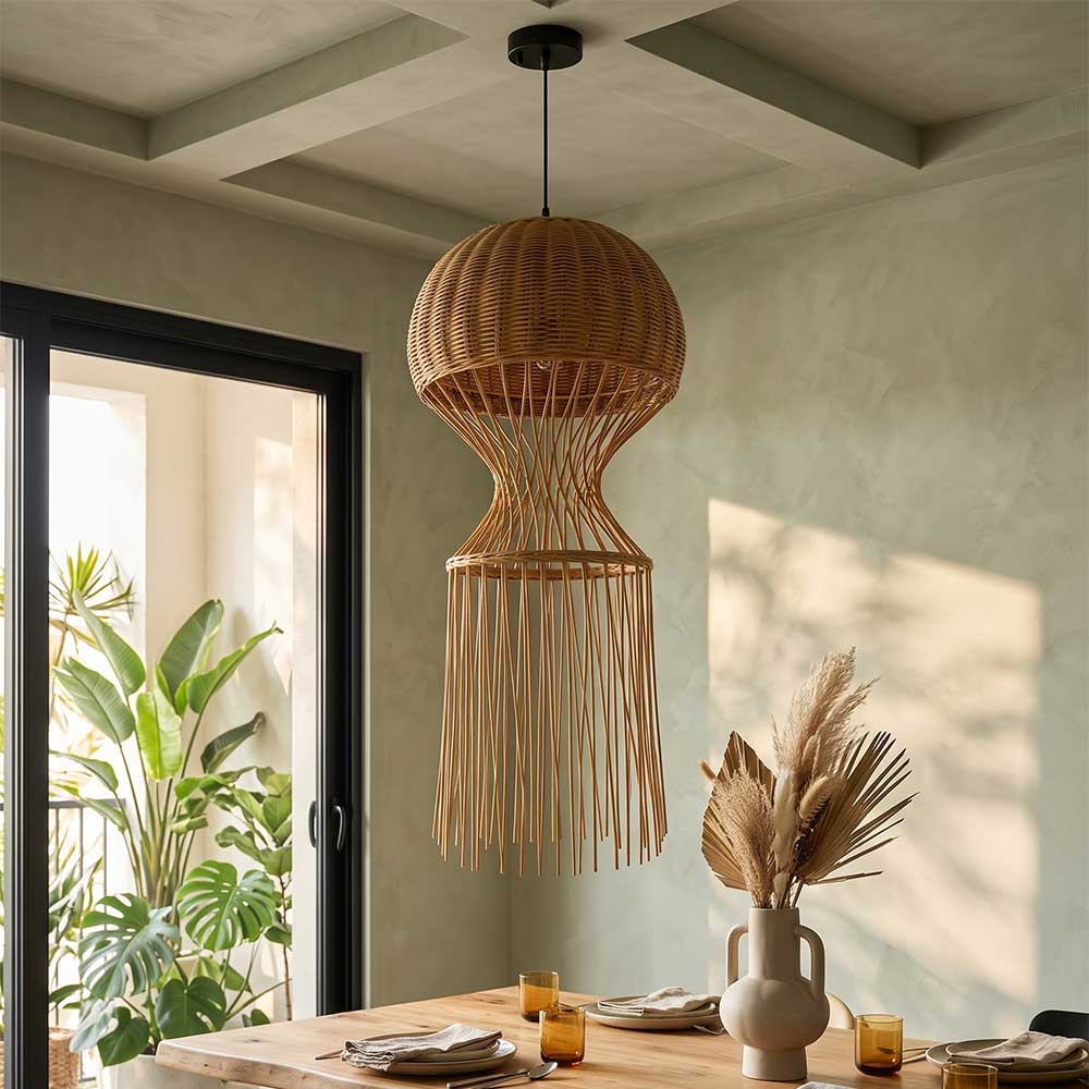 Sugarcane woven fringe chandelier hanging above a wooden dining table in a sunlit modern boho room