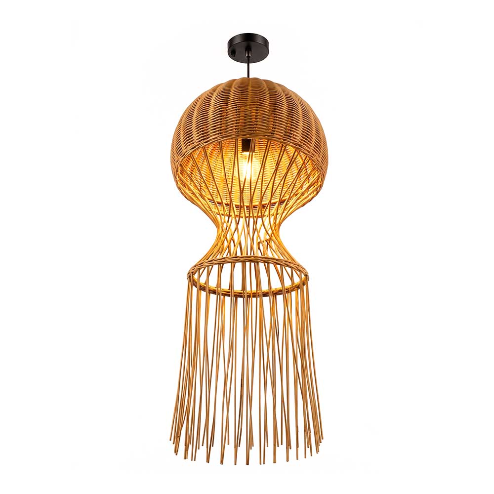 Handcrafted sugarcane woven pendant light with glowing bulb and fringe tassel skirt on white background