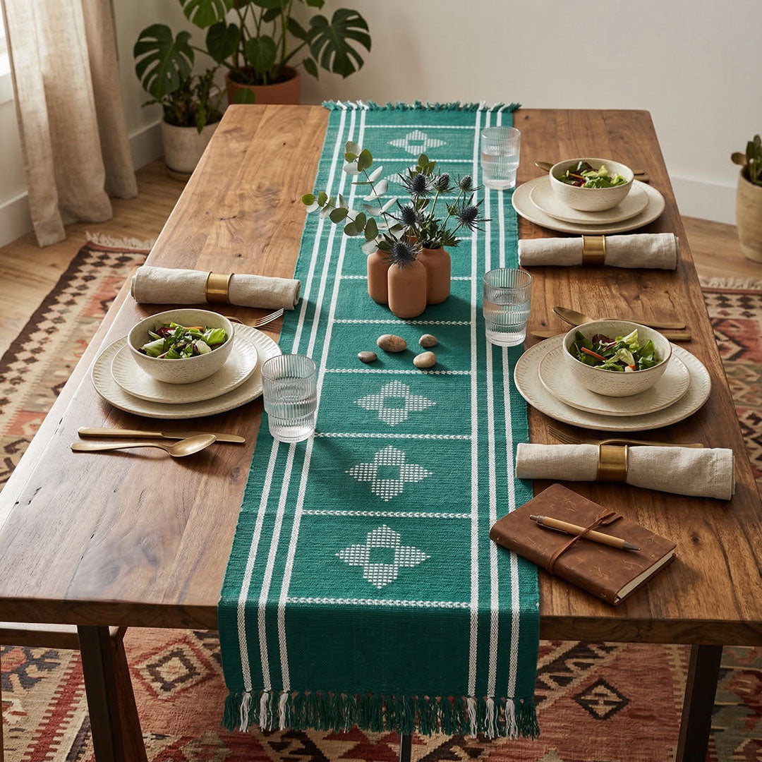 Hand-Woven Dhokra Weaving Green Cotton Table Runner