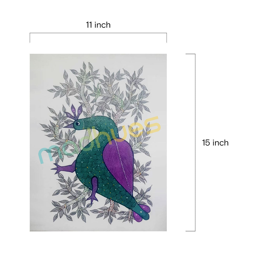 Handmade Gond Art Peacock Painting on Paper - Unframed