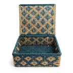 Geometric Handwoven Sabai Grass Storage Box in Teal & Natural