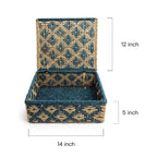 Geometric Handwoven Sabai Grass Storage Box in Teal & Natural