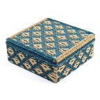 Geometric Handwoven Sabai Grass Storage Box in Teal & Natural