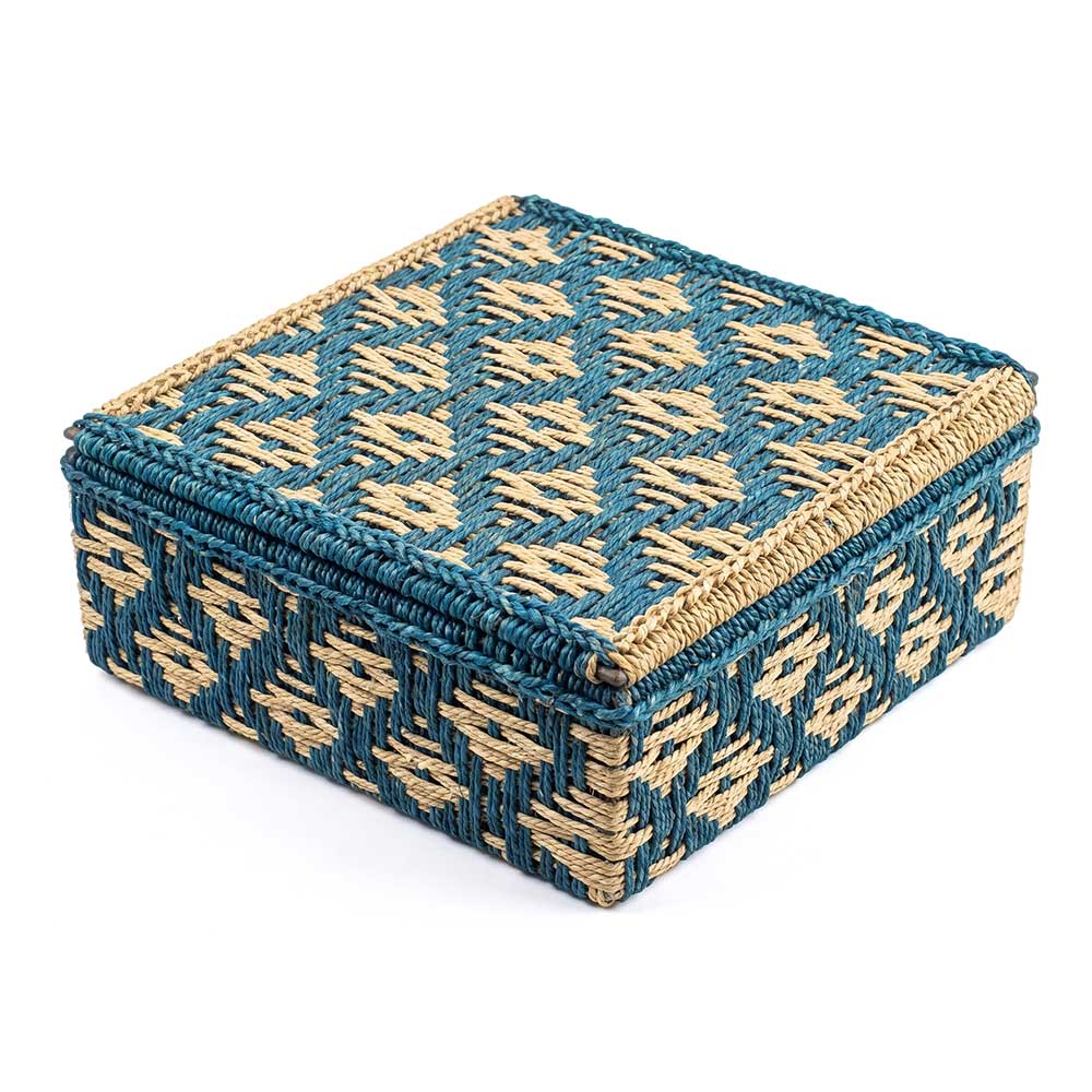 Geometric Handwoven Sabai Grass Storage Box in Teal & Natural