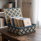 Geometric Handwoven Sabai Grass Storage Box in Teal & Natural