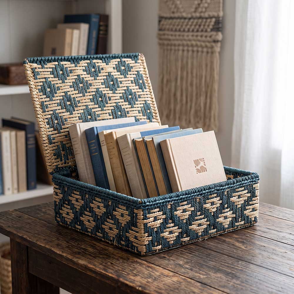 Geometric Handwoven Sabai Grass Storage Box in Teal & Natural
