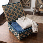 Geometric Handwoven Sabai Grass Storage Box in Teal & Natural