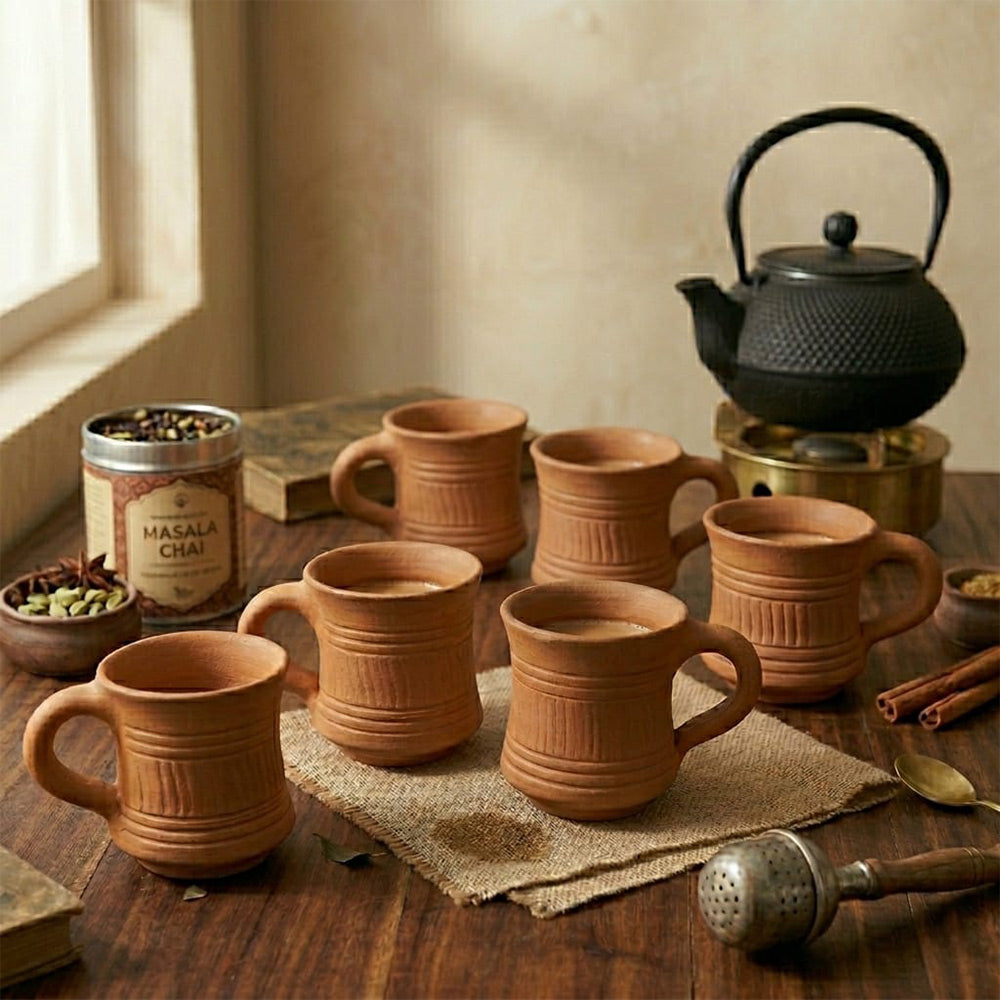 Pokhran Artisanal Terracotta Tea Mugs with Ribbed Texture