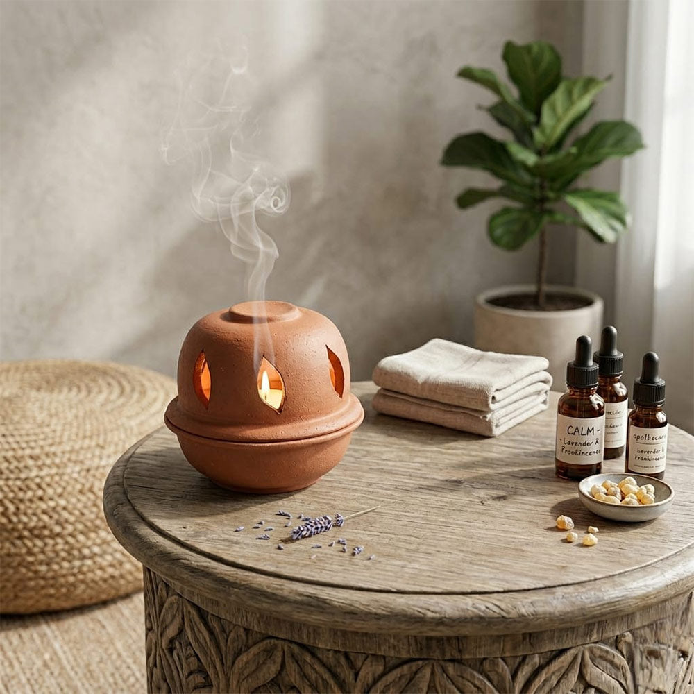 Pokhran Terracotta Essential Oil Burner with Leaf Cutouts