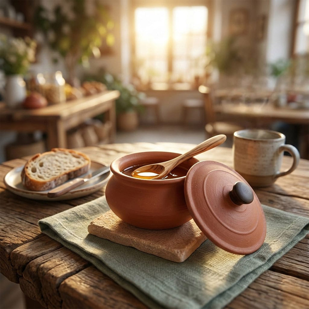Pokhran Artisan Terracotta Honey Pot with Wooden Spoon