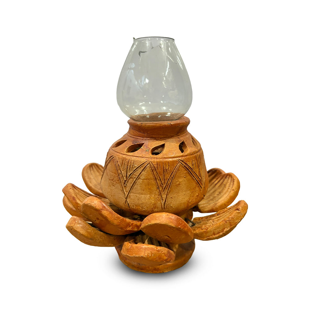 Pokhran Hand-Carved Terracotta Lotus Lamp with Glass Chimney