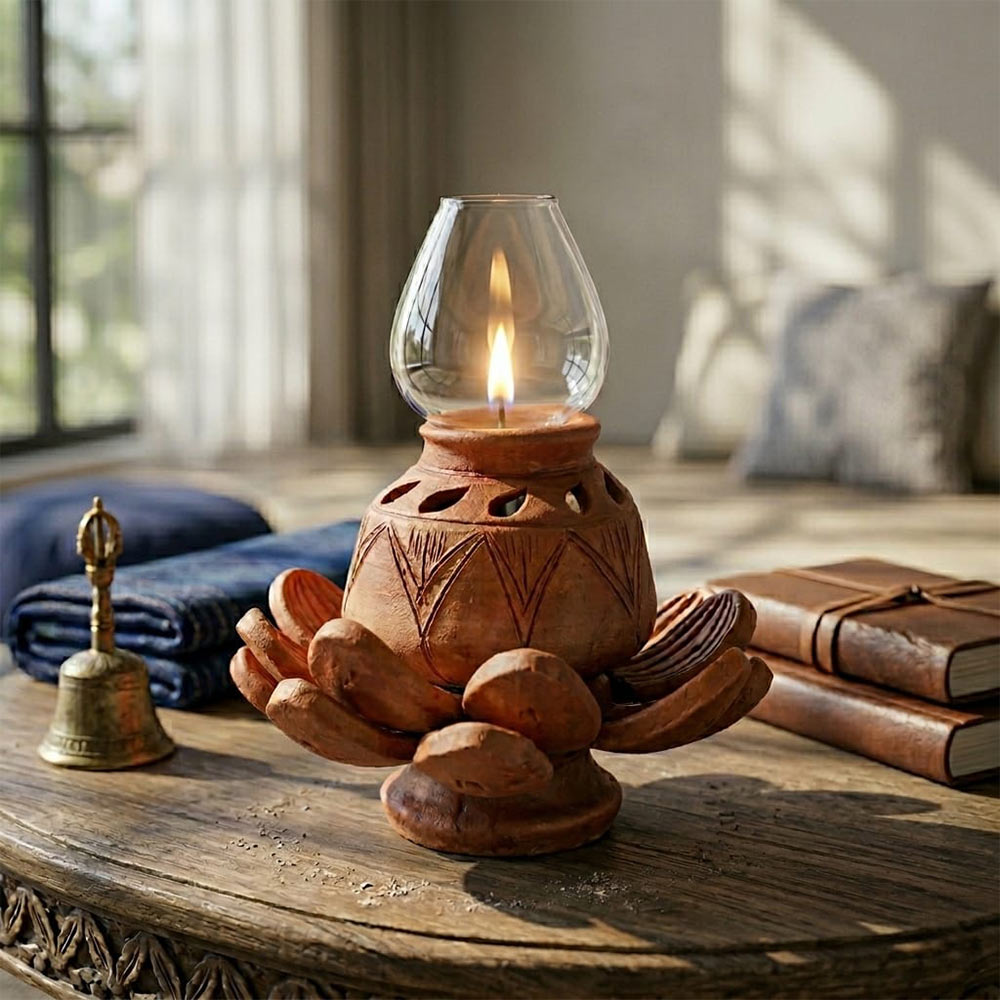 Pokhran Hand-Carved Terracotta Lotus Lamp with Glass Chimney