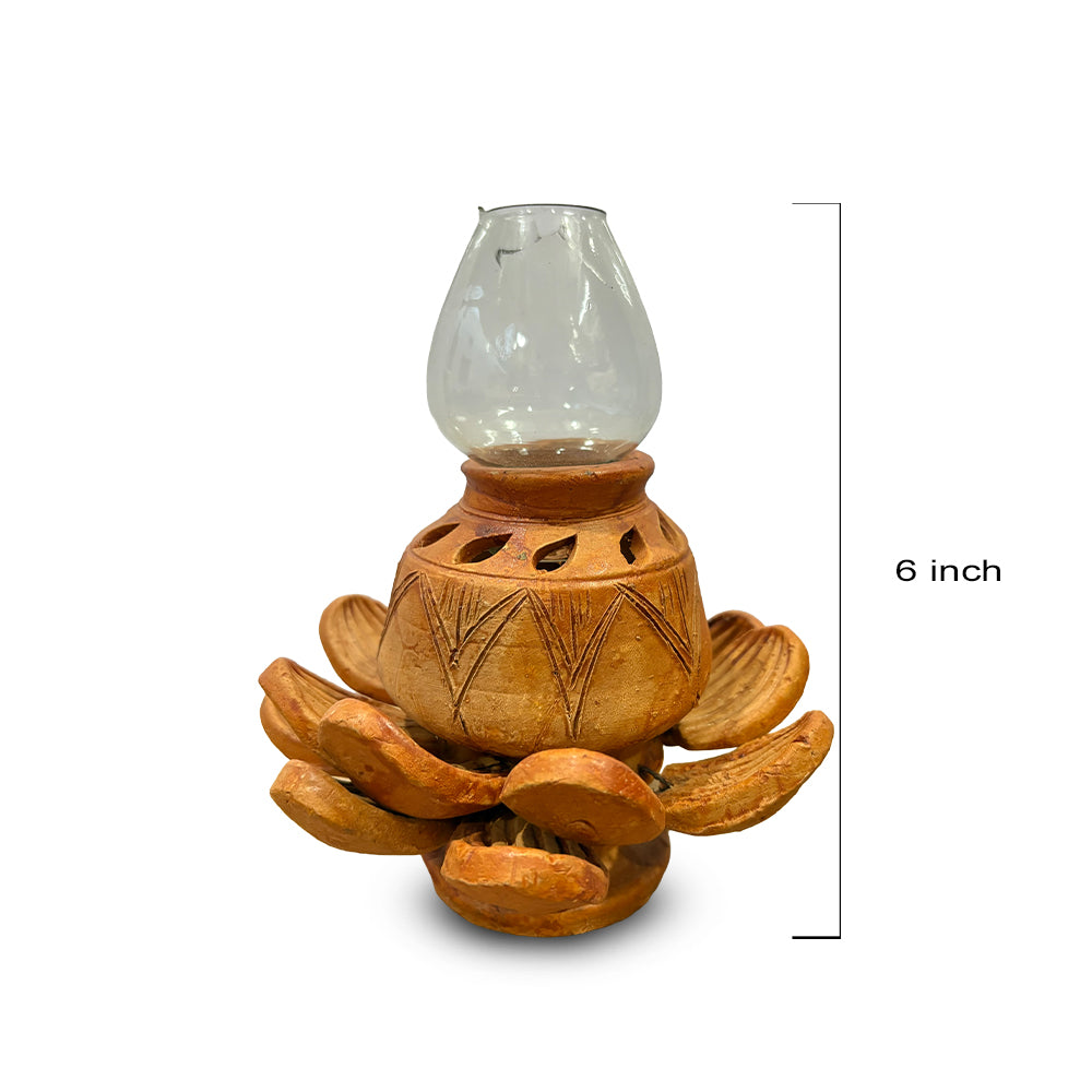 Pokhran Hand-Carved Terracotta Lotus Lamp with Glass Chimney