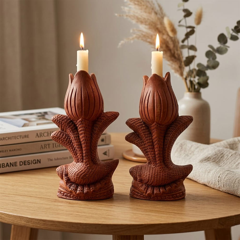 Pokhran Hand-Carved Terracotta Floral Candle Holder Set