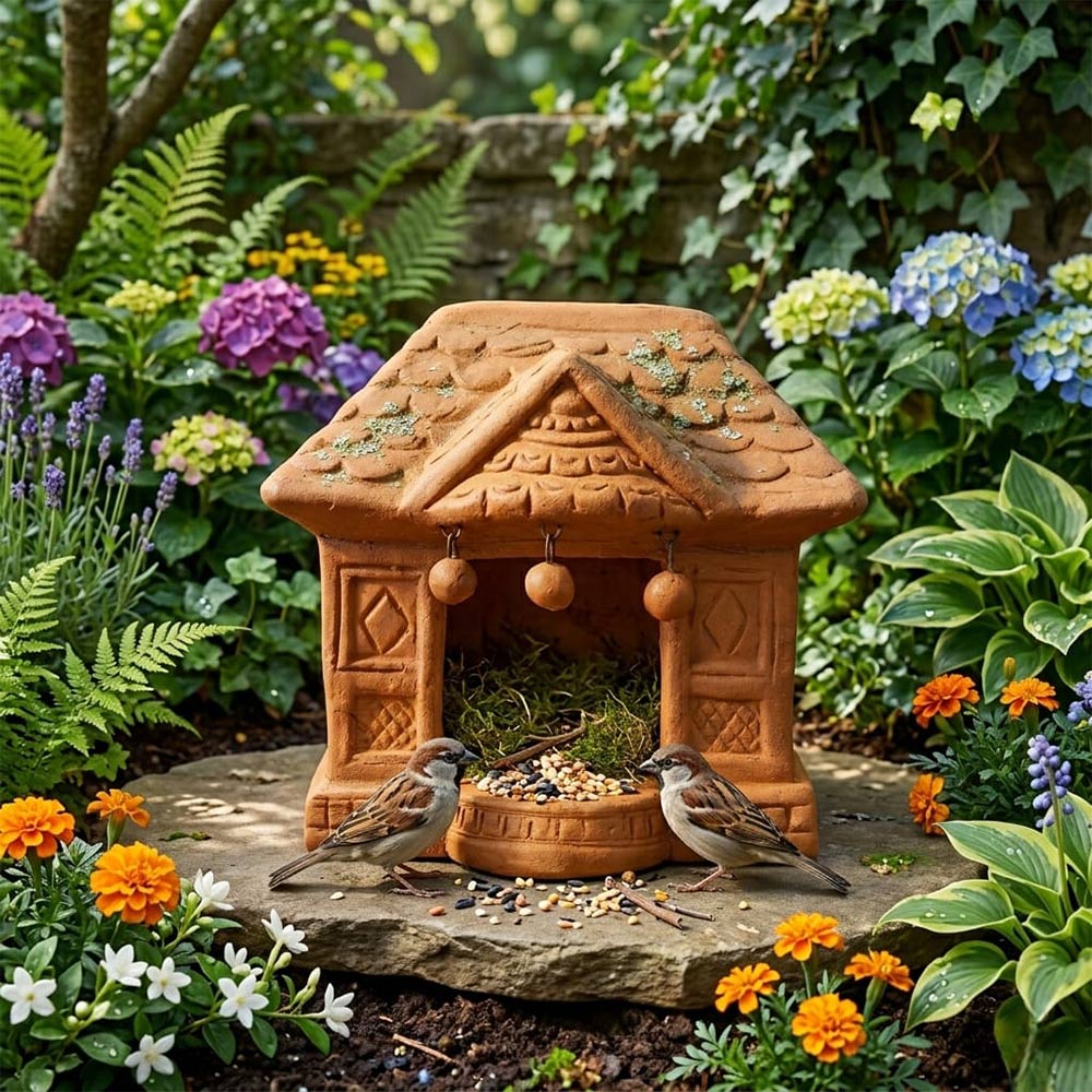 Pokhran Artisanal Terracotta Garden Bird Feeder Hut