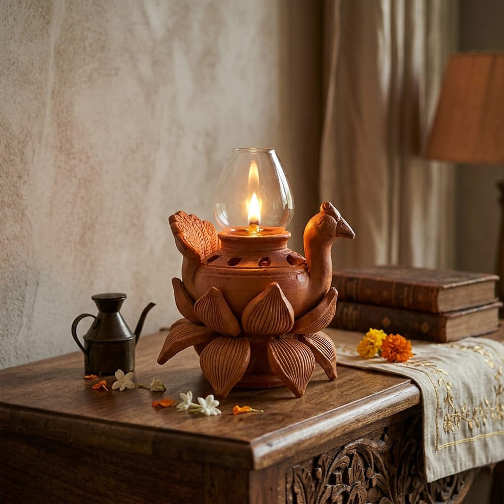 Pokhran Hand-Carved Terracotta Peacock Diffuser with Chimney