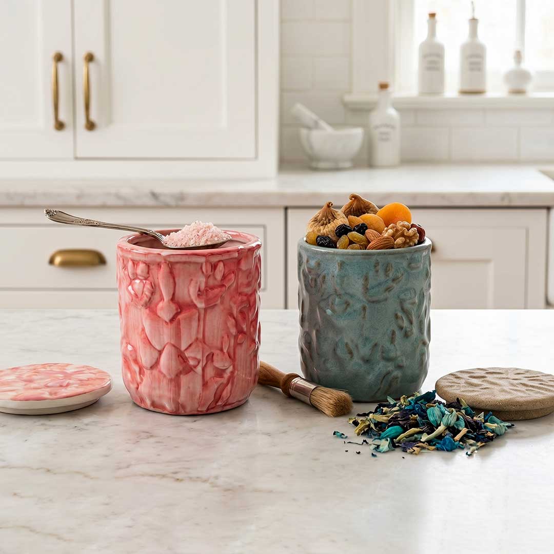 Artisan Textured Assorted Ceramic Jar with Stone-Look Lid Set