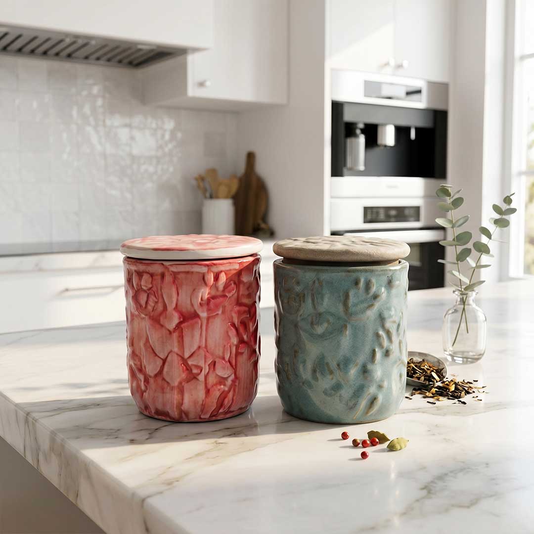 Artisan Textured Assorted Ceramic Jar with Stone-Look Lid Set