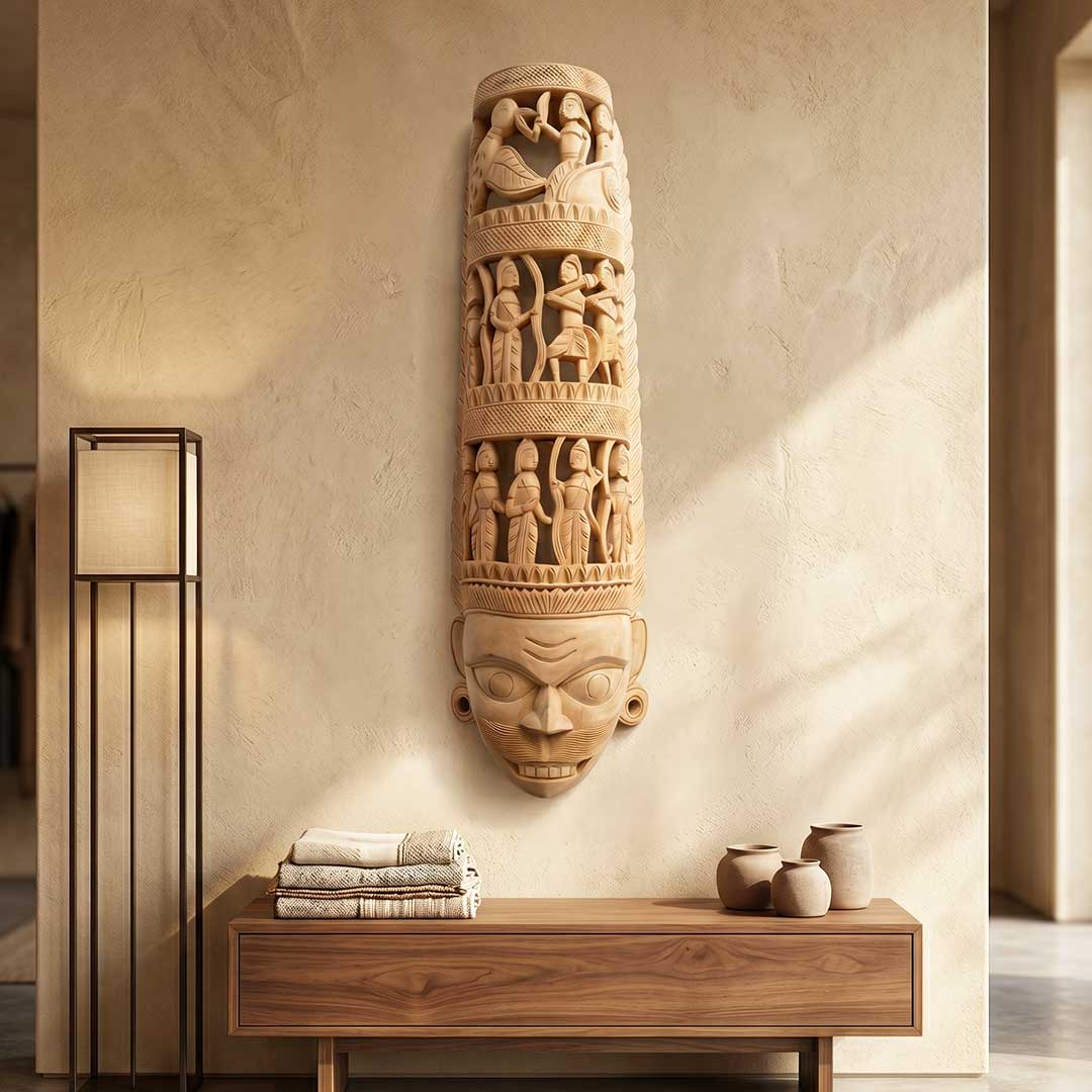 Gamari Wood Hand-Carved Mask with Three-Tiered Figurative Panel