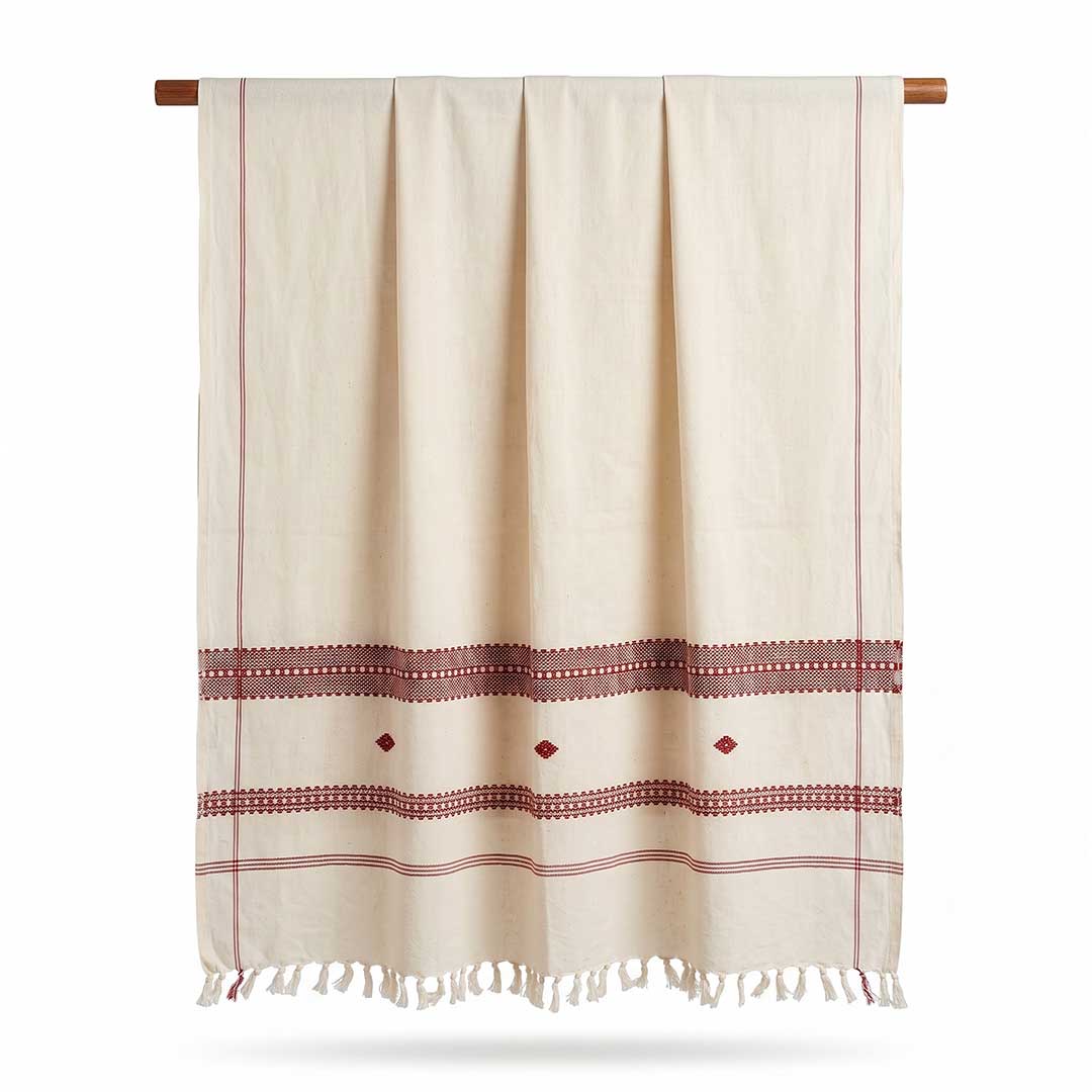 Hand-Woven Cotton Koraput Tribal Weaving Towel with Embroidered Borders and Fringe
