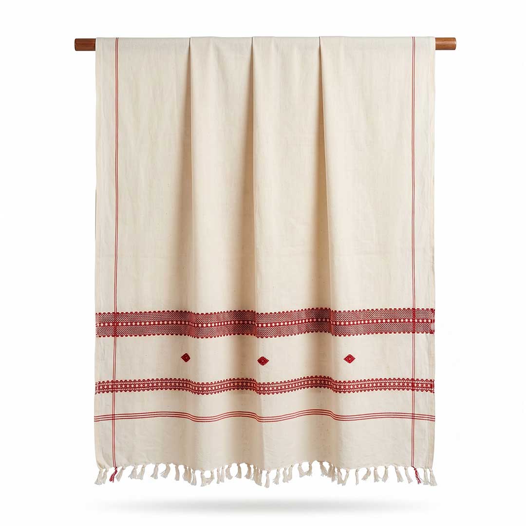 Hand-Woven Cotton Koraput Tribal Weaving Towel with Embroidered Borders and Fringe