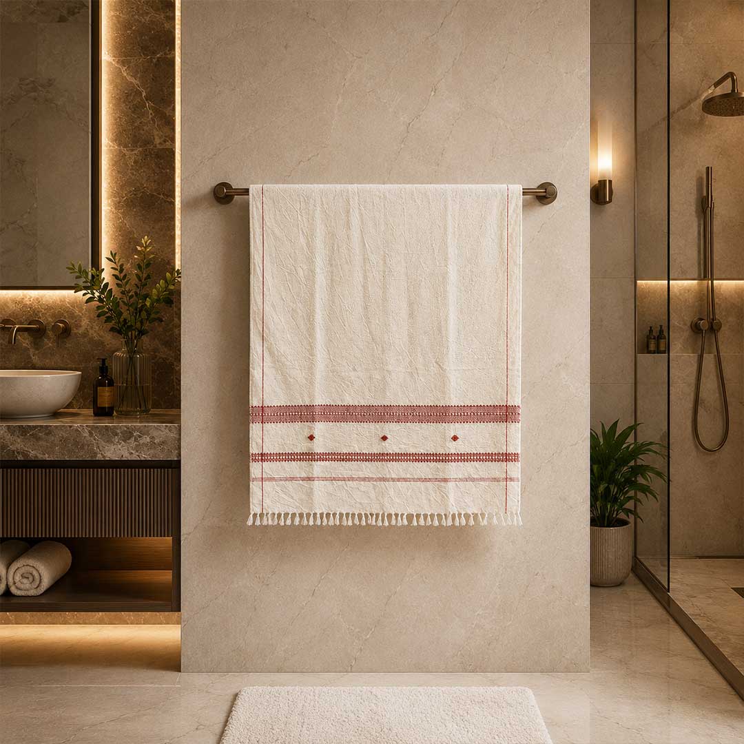 Hand-Woven Cotton Koraput Tribal Weaving Towel with Embroidered Borders and Fringe