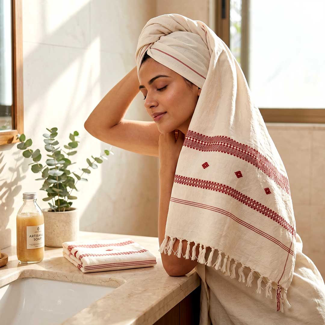 Hand-Woven Cotton Koraput Tribal Weaving Towel with Embroidered Borders and Fringe
