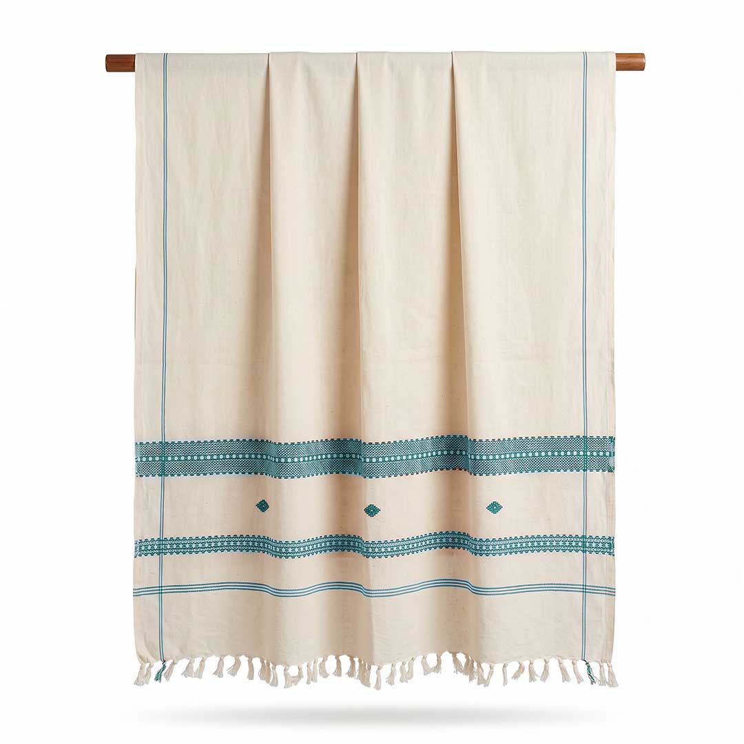 Hand-Woven Cotton Koraput Tribal Weaving Towel with Embroidered Borders and Fringe